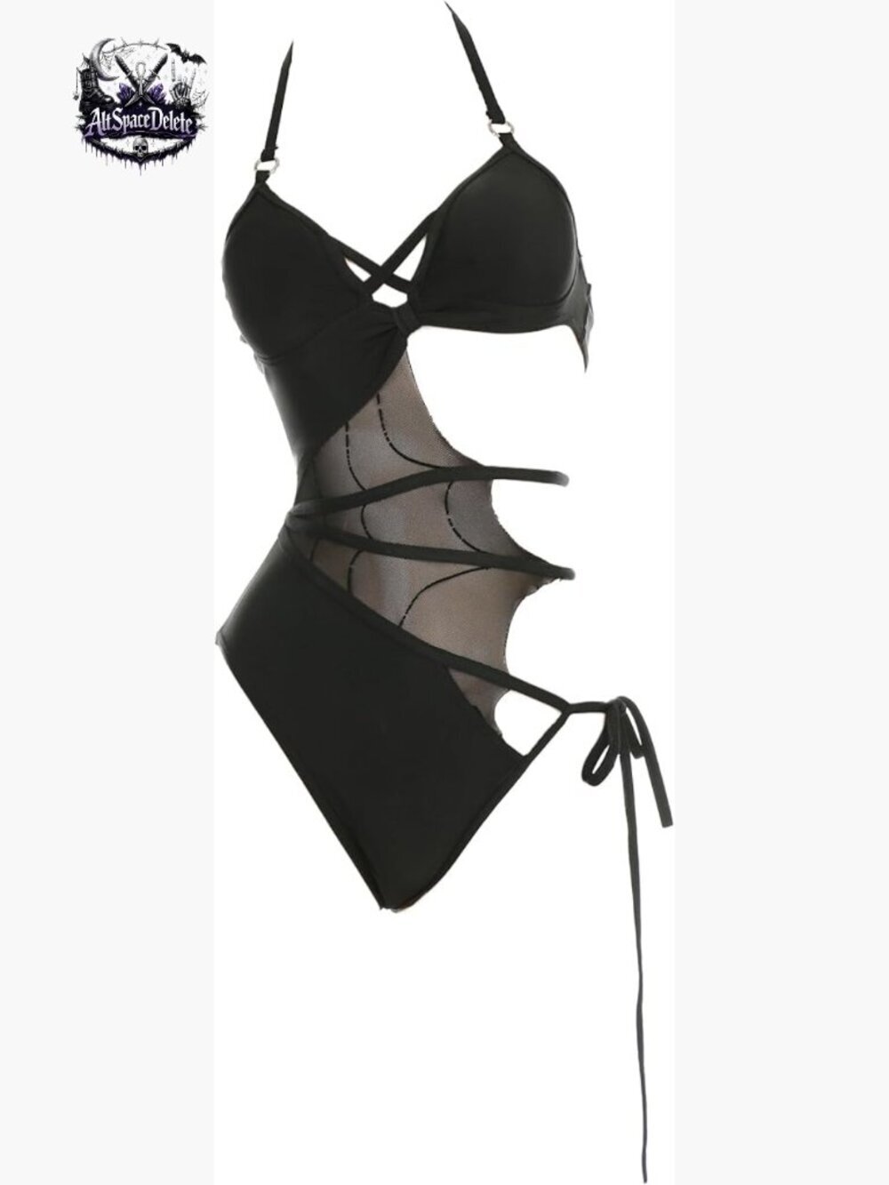 Sexy Gothic Mesh Cutout Halter One-Piece Swimsuit, Size Small, Polyester Spandex